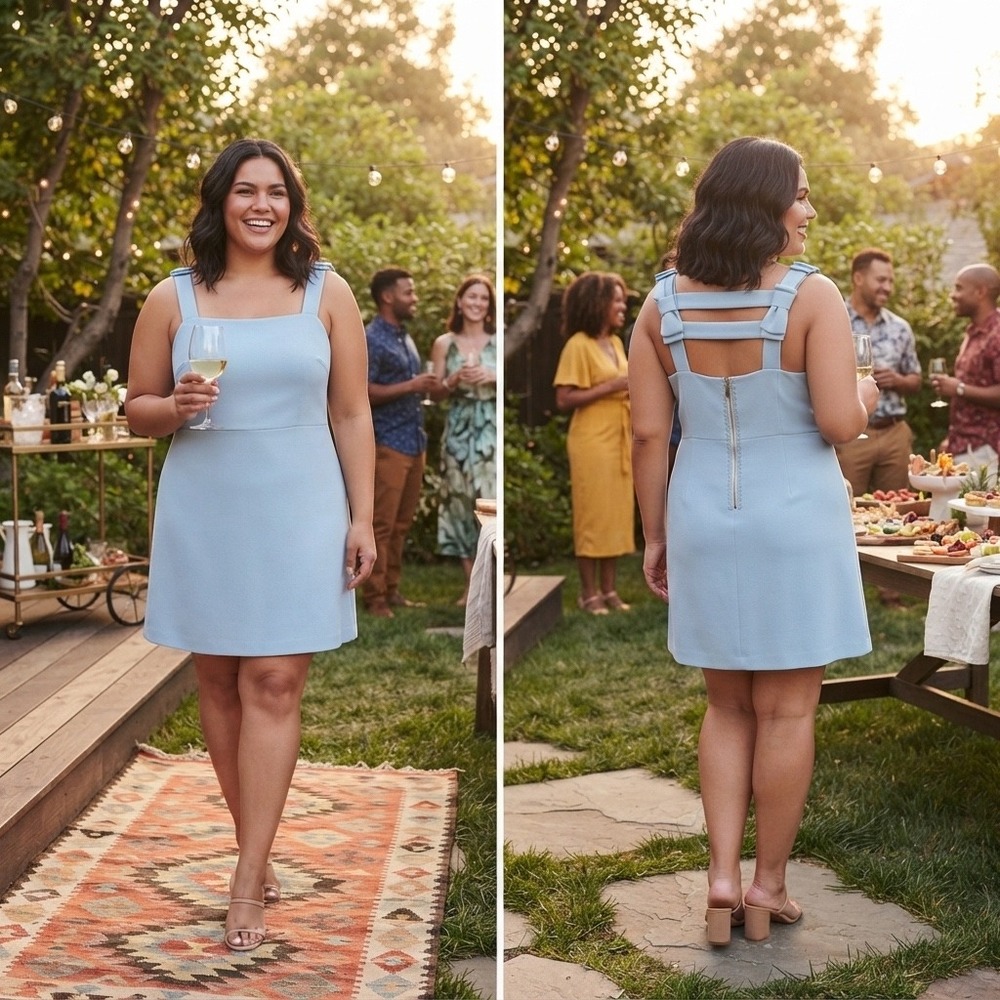 Nicole Miller New York Light Blue Bow Back Strappy Sheath Dress 12 Knee Length